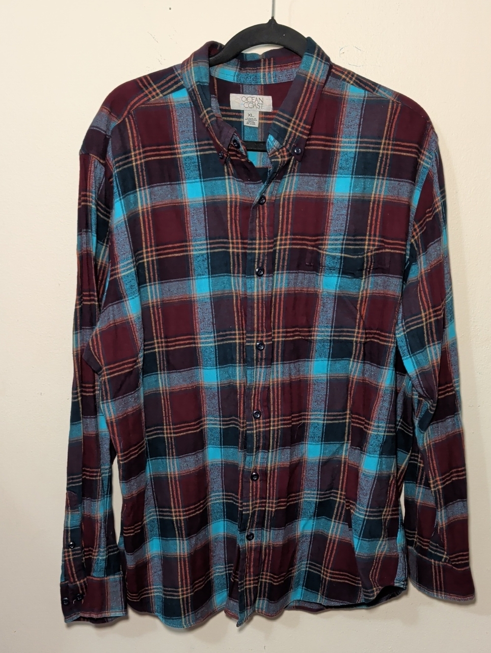 Ocean + Coast Plaid Flannel Button Down Maroon Blue Orange Cotton Men's Size XL